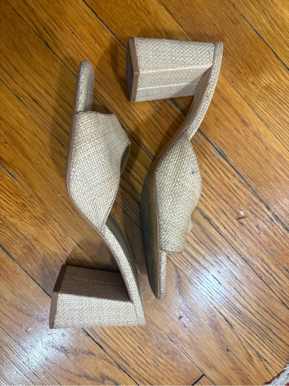 H&M Natural Raffia Open-Toe Block Heel Mules - Picture 4 of 8